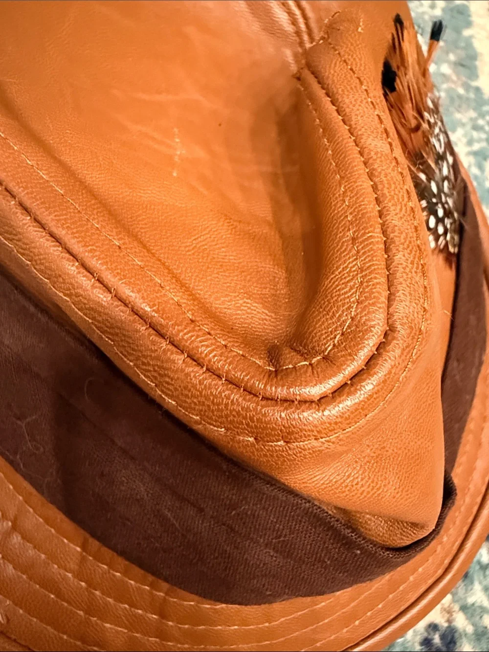 Forever 21 Tan/Brown Leather-Look Fedora with Feather Accent